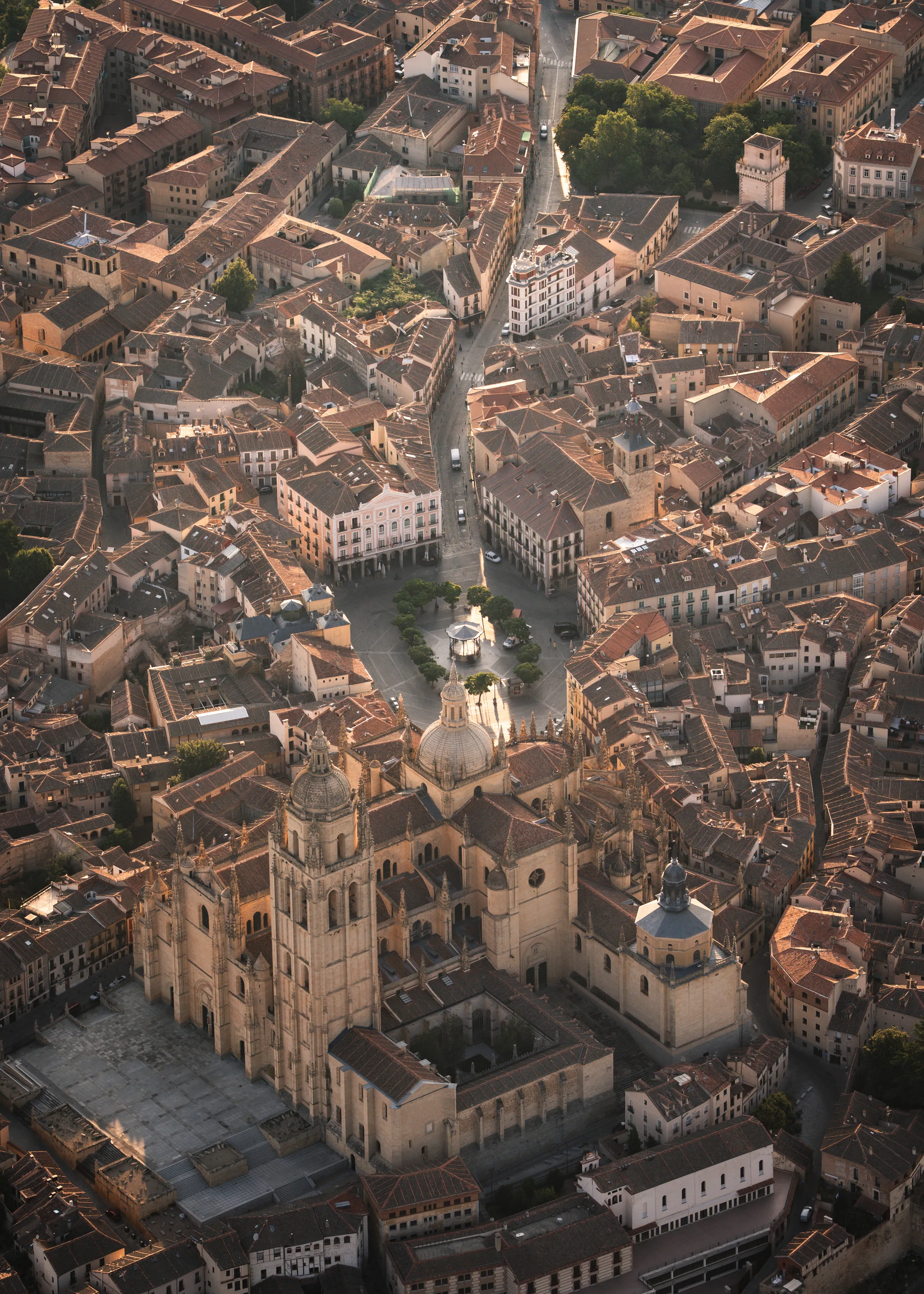 An aerial view of a cathedral among densely packed tiled roofs.